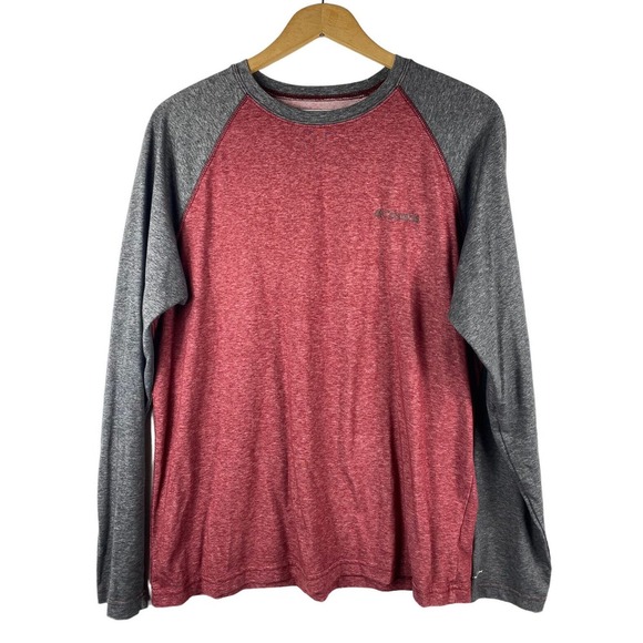 Columbia Raglan Baseball Sleeve Shirt Medium Mens Colorblock Red Gray Long Slv - Picture 1 of 4